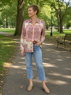 Zara Pink Paisley Button-Up Blouse Large Faux Satin Boho Romantic Feminine
